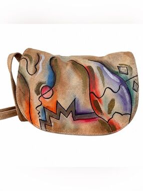 Vintage Sam Sam Genuine Leather Crossbody Bag Hand Painted Abstract Art Boho